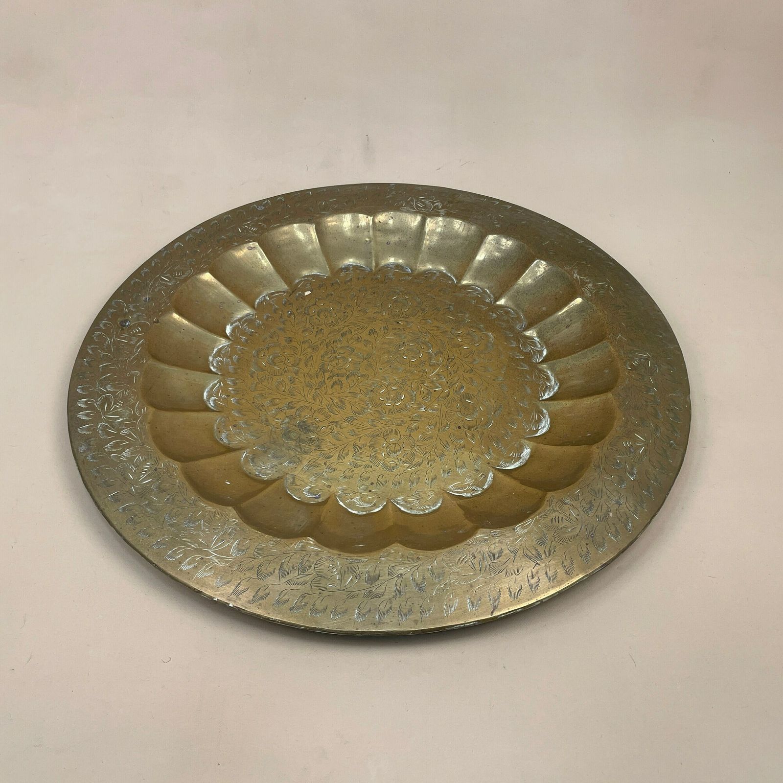Antique Metal Gold Indian Patterned Brass Tray 46cm Plate Asian Handmade Etched Intricate Decorative Patterned Wall Art Round Vintage photo furniture