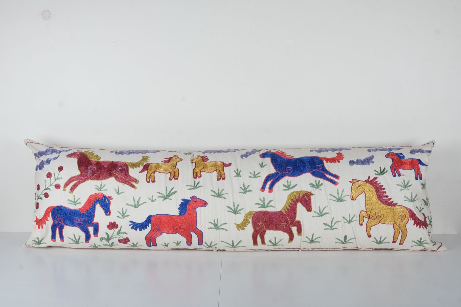 Vintage Long Animal Suzani Pillow Cover, Horse Motif Tribal Extra Long Bedding Cushion Cover