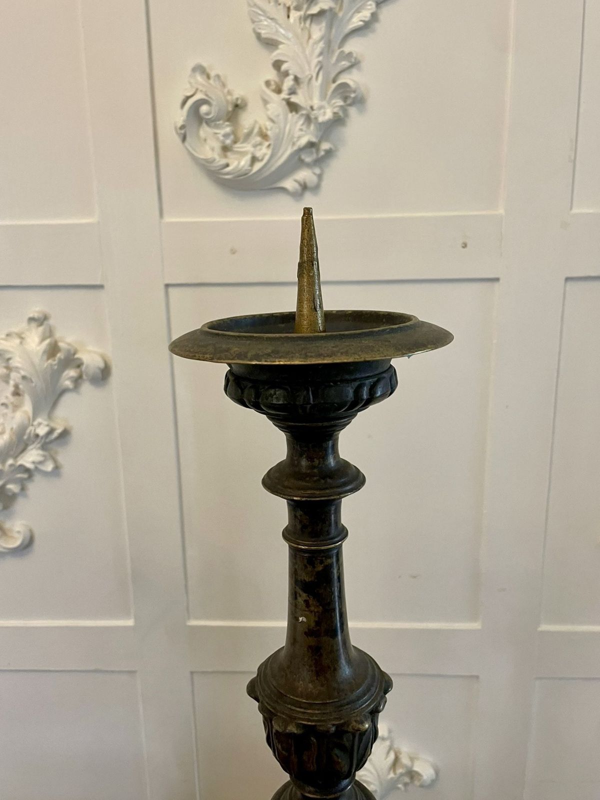Unusual Pair Of Large Antique Ornate Brass Pricket Candlesticks photo vintage