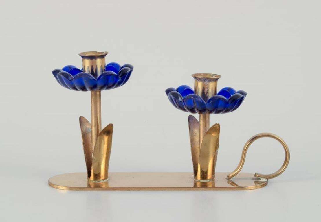Gunnar Ander For Ystad Metall. Candlestick Holder In Brass And Blue Art Glass photo buy