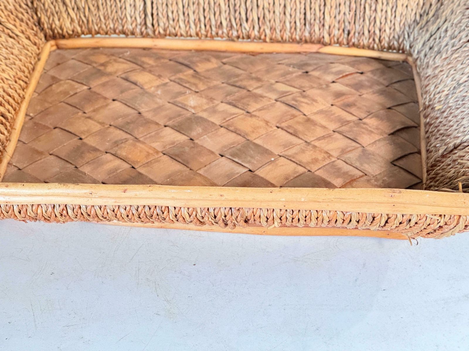Rattan And Rope Italian Basket Bowl Centerpiece, 1970s Crespi Style photo vintage
