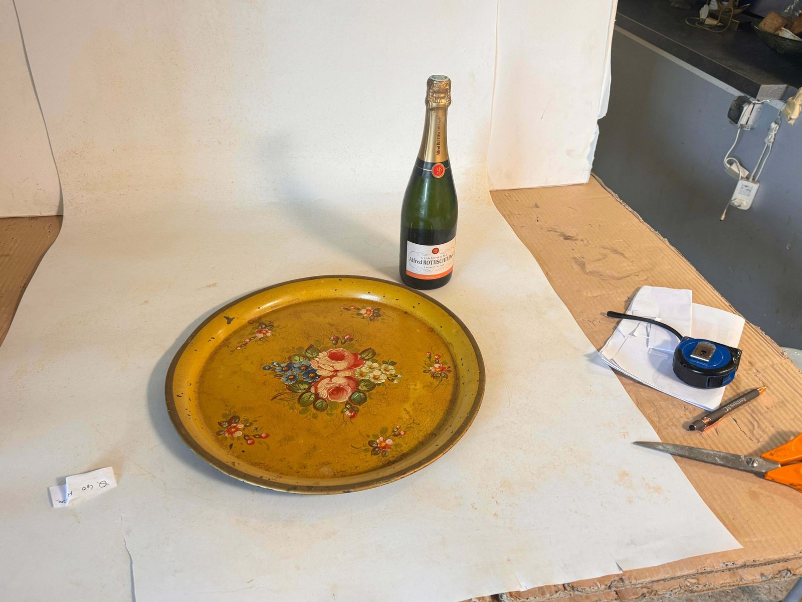 Platter Or Tray Metal Painted France 1970s Yellow Color With Flowers photo furniture