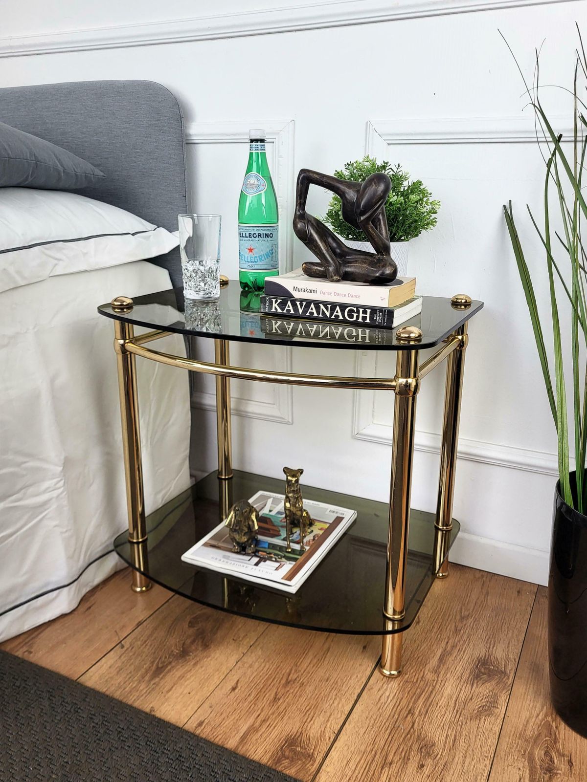 1980s Italian Hollywood Regency Style Brass And Glass Two Shelves Side Tables photo furniture