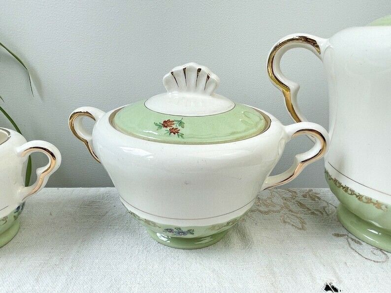 Vintage Tea/Coffee Service In White Green Gold Porcelain Salins Made In France photo vinterior