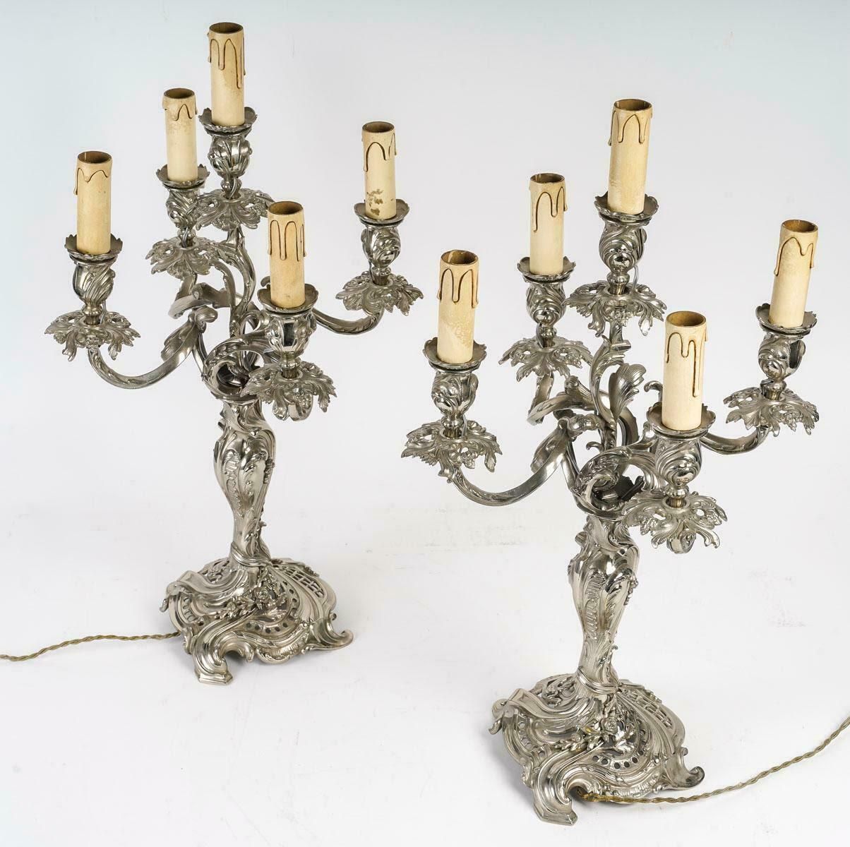Pair Of Louis XV Style Silver Plated Bronze Candelabra, 19th Century. photo for sale