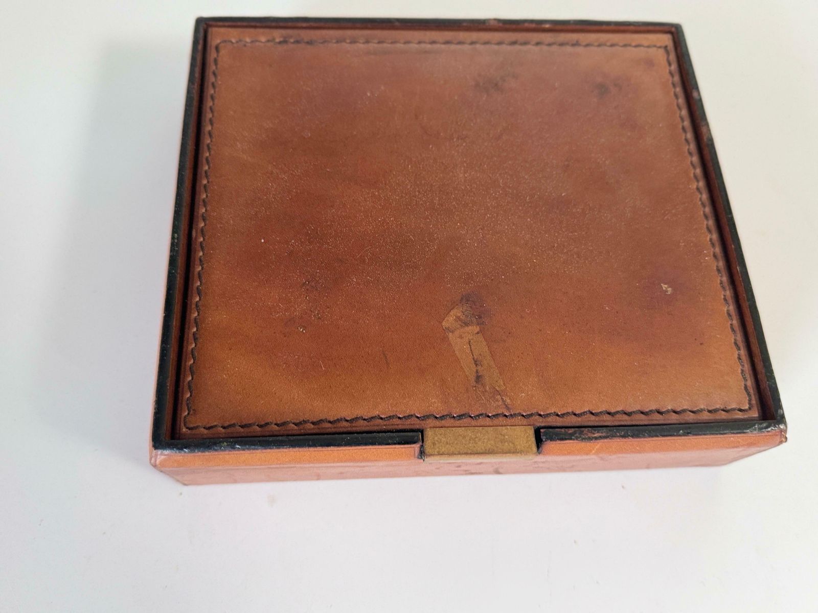 photo for sale Leather Covered Tobacco Box Wood Brown Jacques Adnet Style France 1940 By Lancel