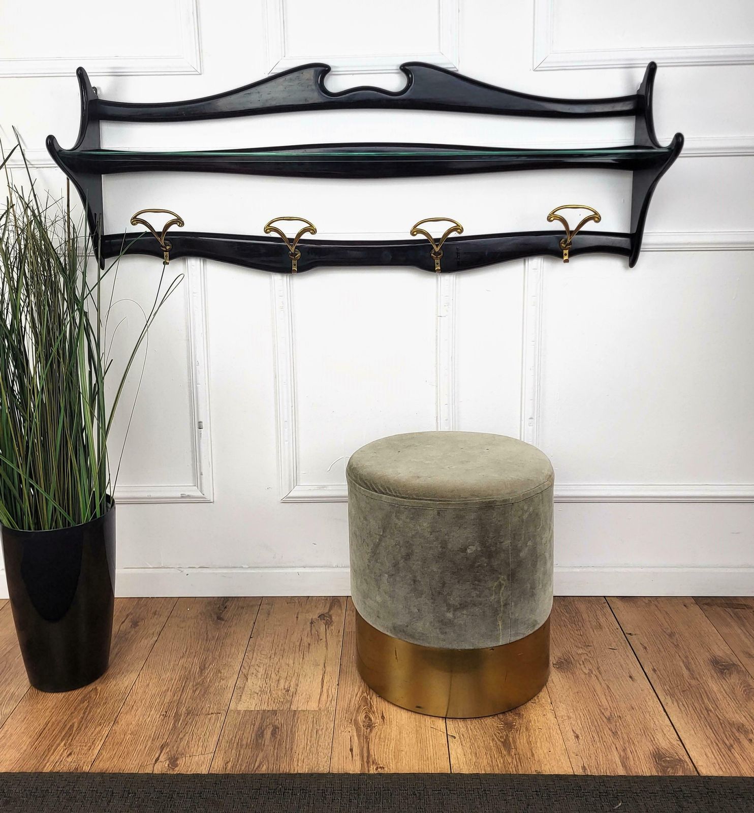1960s Italian Mid Century Carved Wood Glass Brass Chiavari Wall Coat Hanger Rack photo furniture