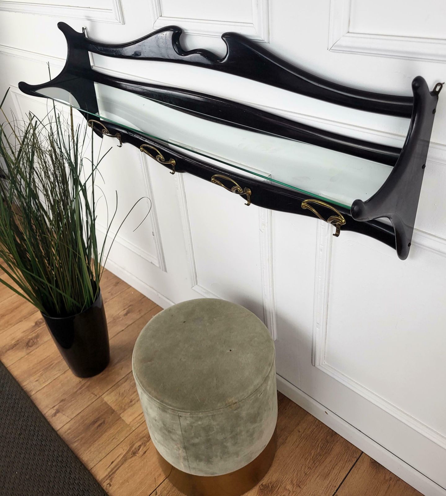 1960s Italian Mid Century Carved Wood Glass Brass Chiavari Wall Coat Hanger Rack photo buy