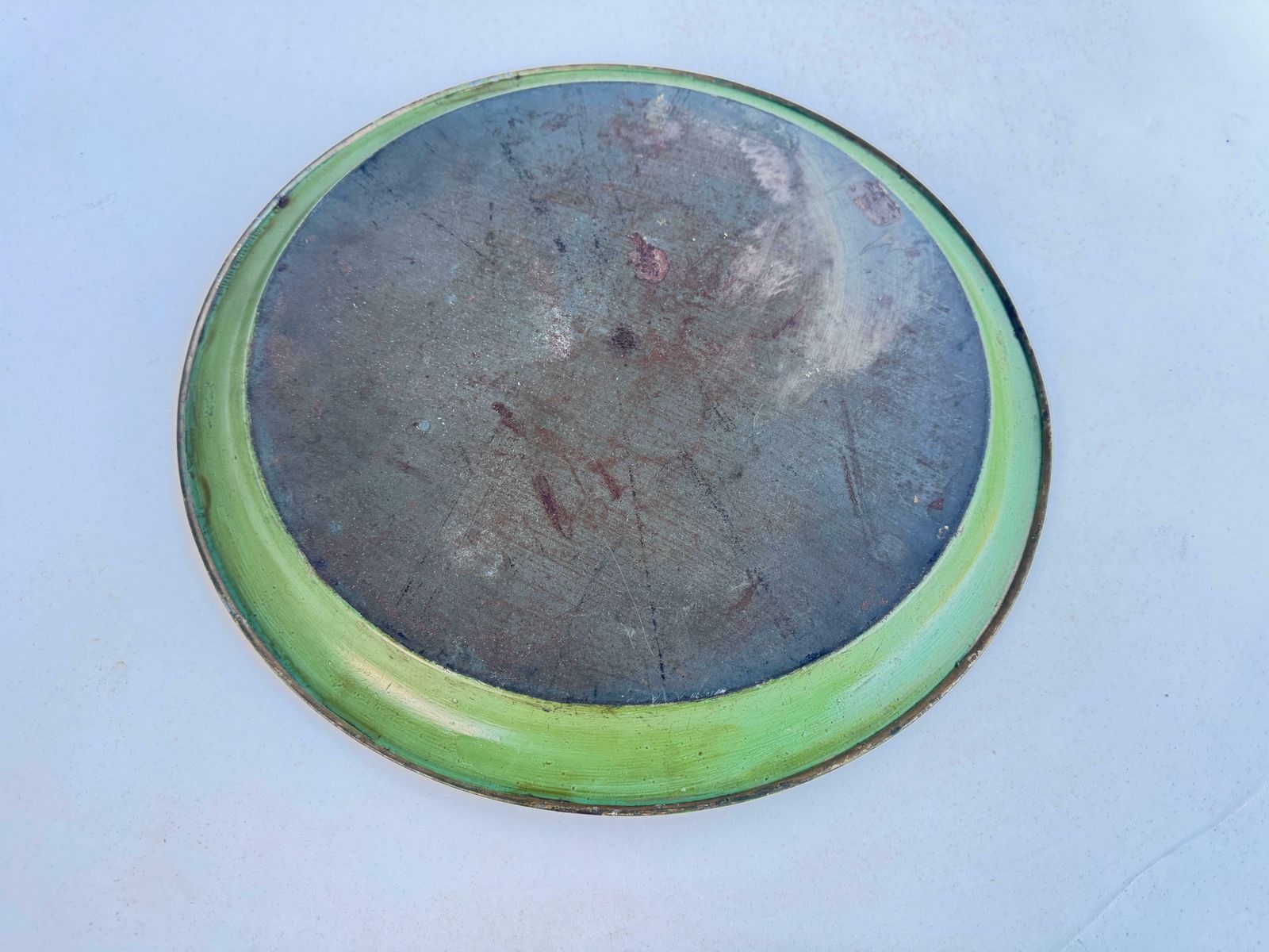 photo furniture Platter Or Tray Metal Painted France 1970s Green Color With Flowers