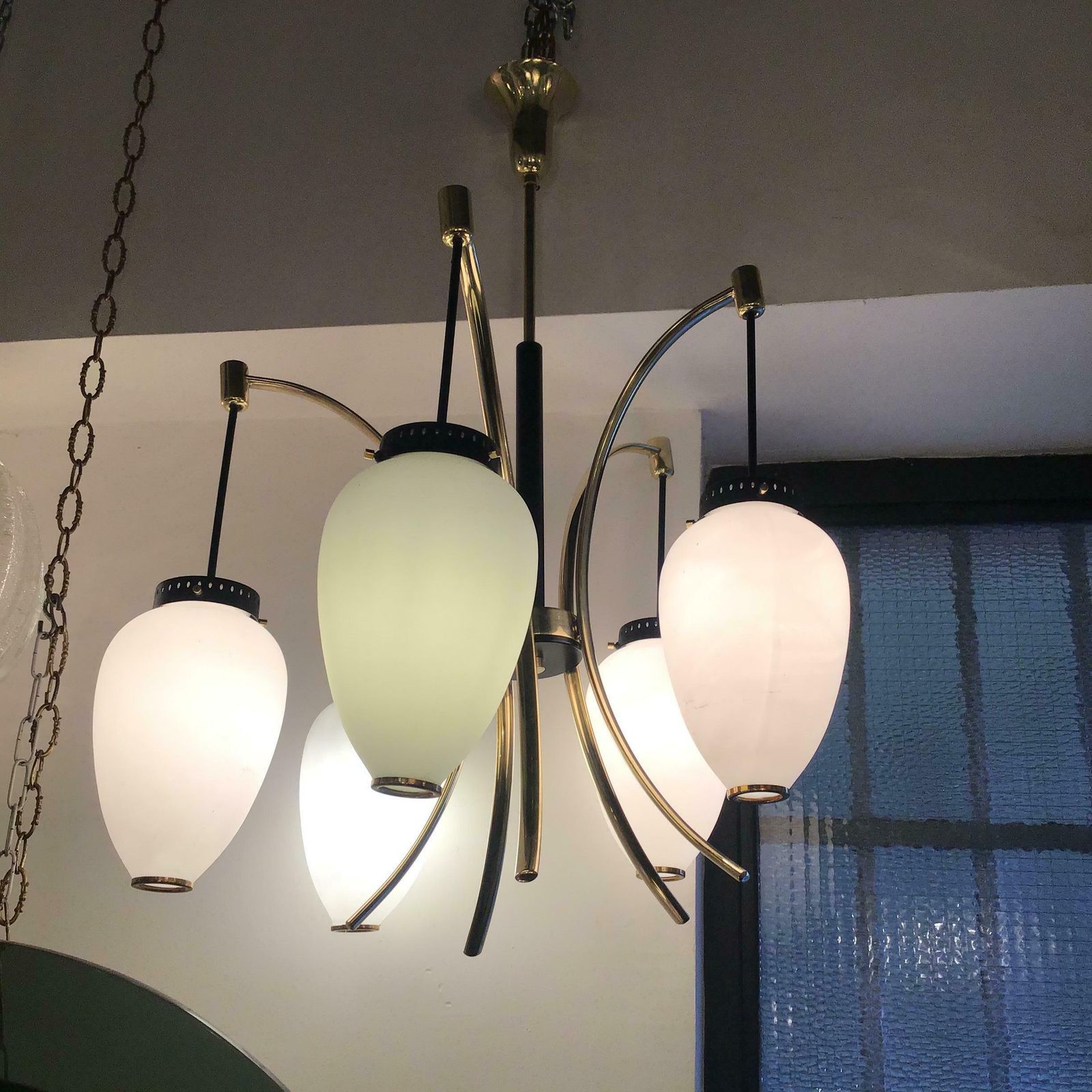 Stilnovo Chandelier Opaline Glass Brass Iron 1950 Italy photo furniture