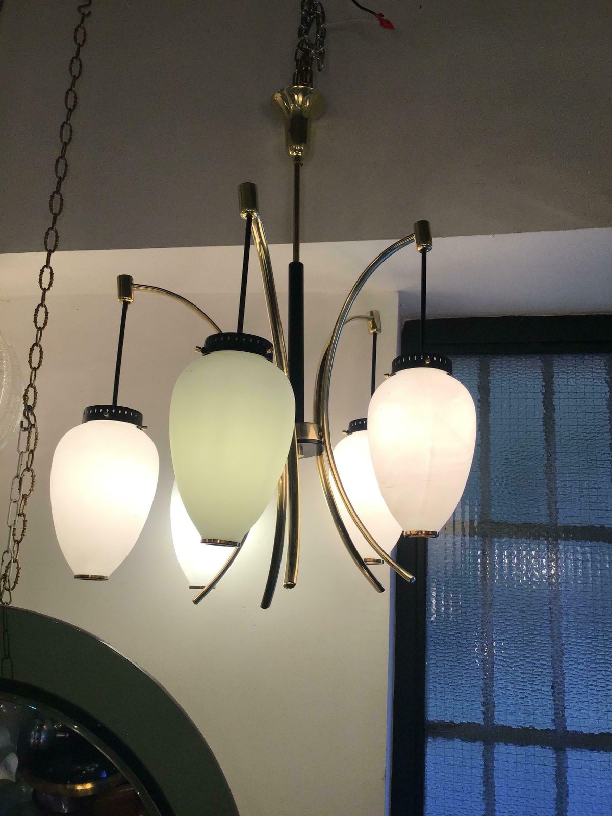 photo furniture Stilnovo Chandelier Opaline Glass Brass Iron 1950 Italy