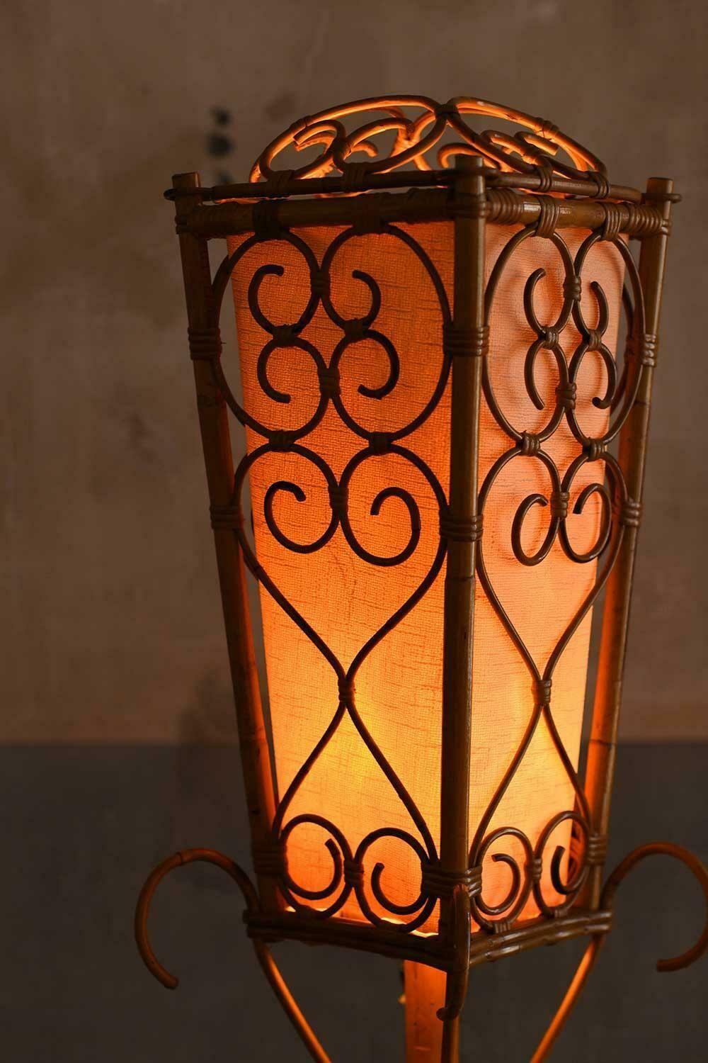Mid Century Floor Lamp Made Of Rush With Geometric Patterns And Large Lampshade photo Lighting