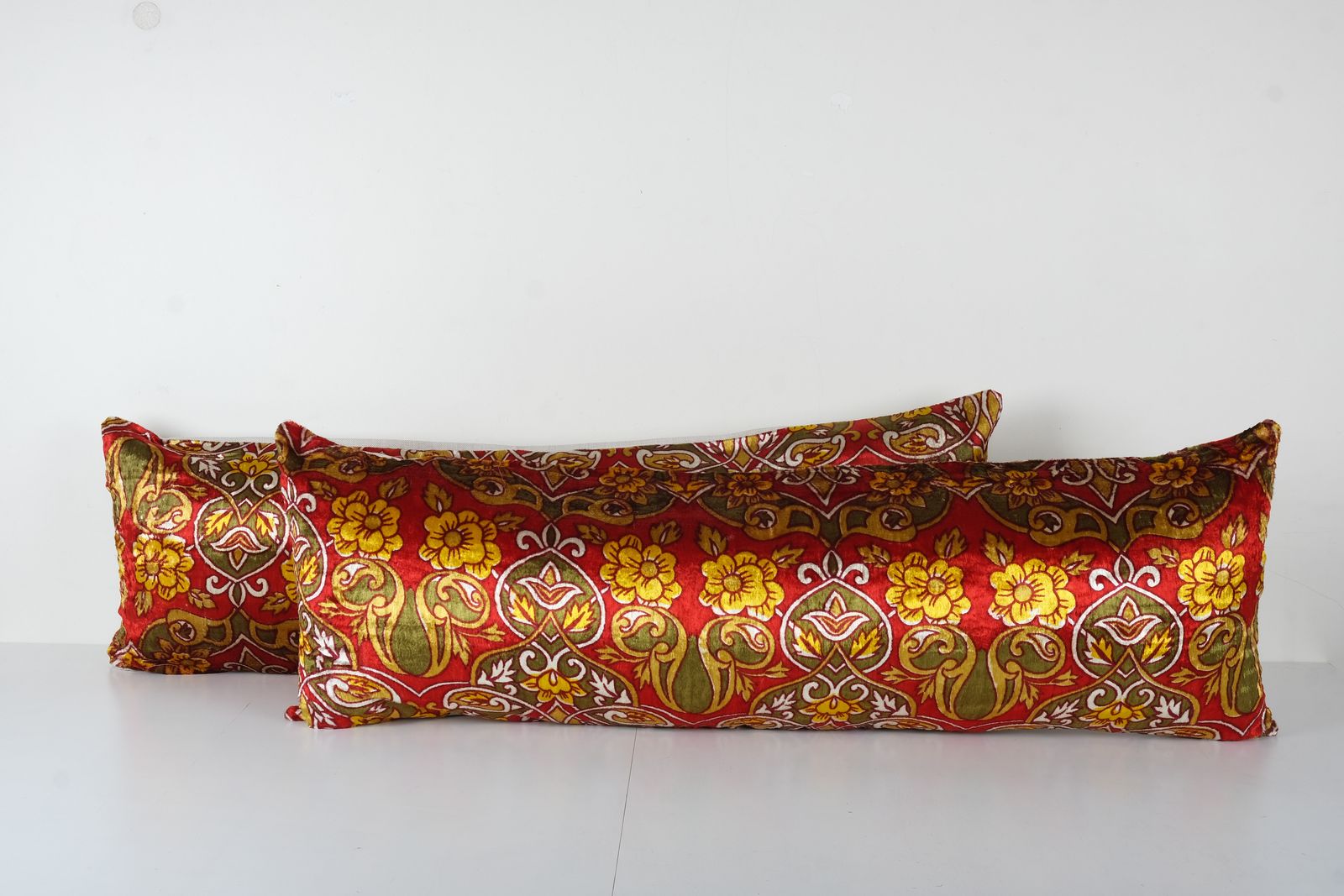 Vintage Velvet Pillow Cover, Set Of Two Long Bed Pillow, Soft Textile With Floral Pattern Lumbar Cover