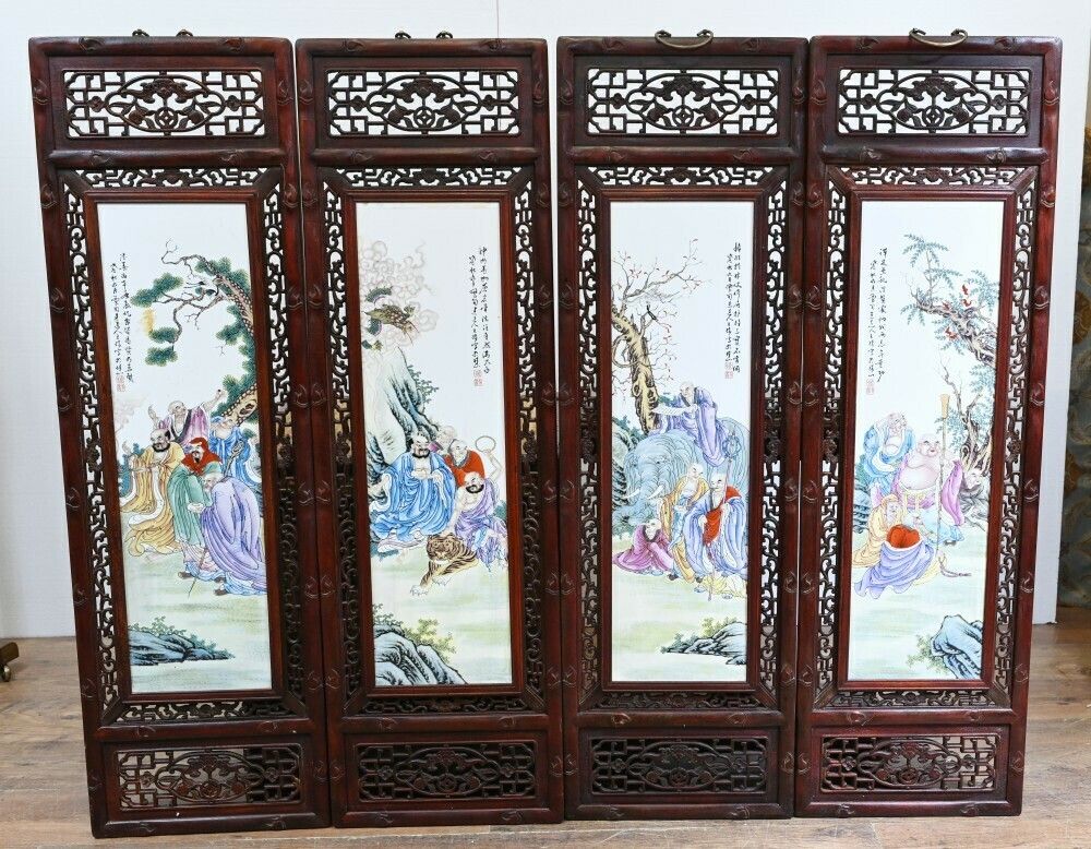 Set Chinese Porcelain Plaques Hand Painted Hardwood Frame 1930 photo furniture