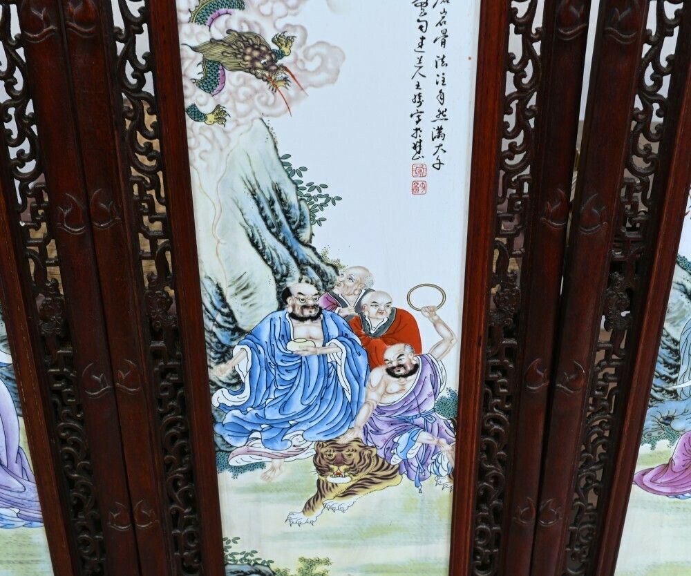 Set Chinese Porcelain Plaques Hand Painted Hardwood Frame 1930 photo 1150.0
