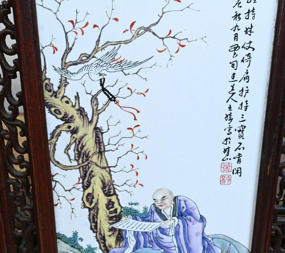 Set Chinese Porcelain Plaques Hand Painted Hardwood Frame 1930 photo vintage