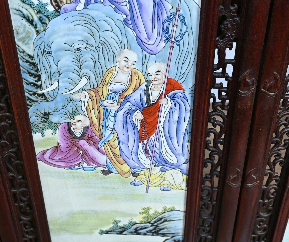 photo for sale Set Chinese Porcelain Plaques Hand Painted Hardwood Frame 1930