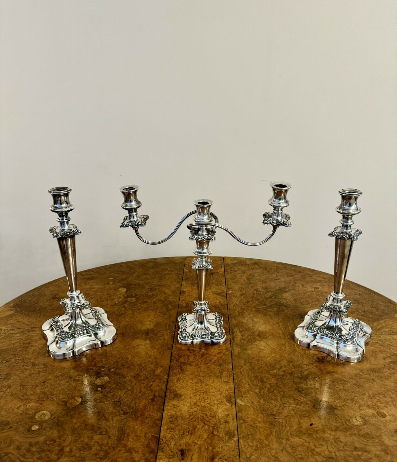 Outstanding Quality Antique Ornate Silver Plated Candelabra And Candlestick Set photo vinterior