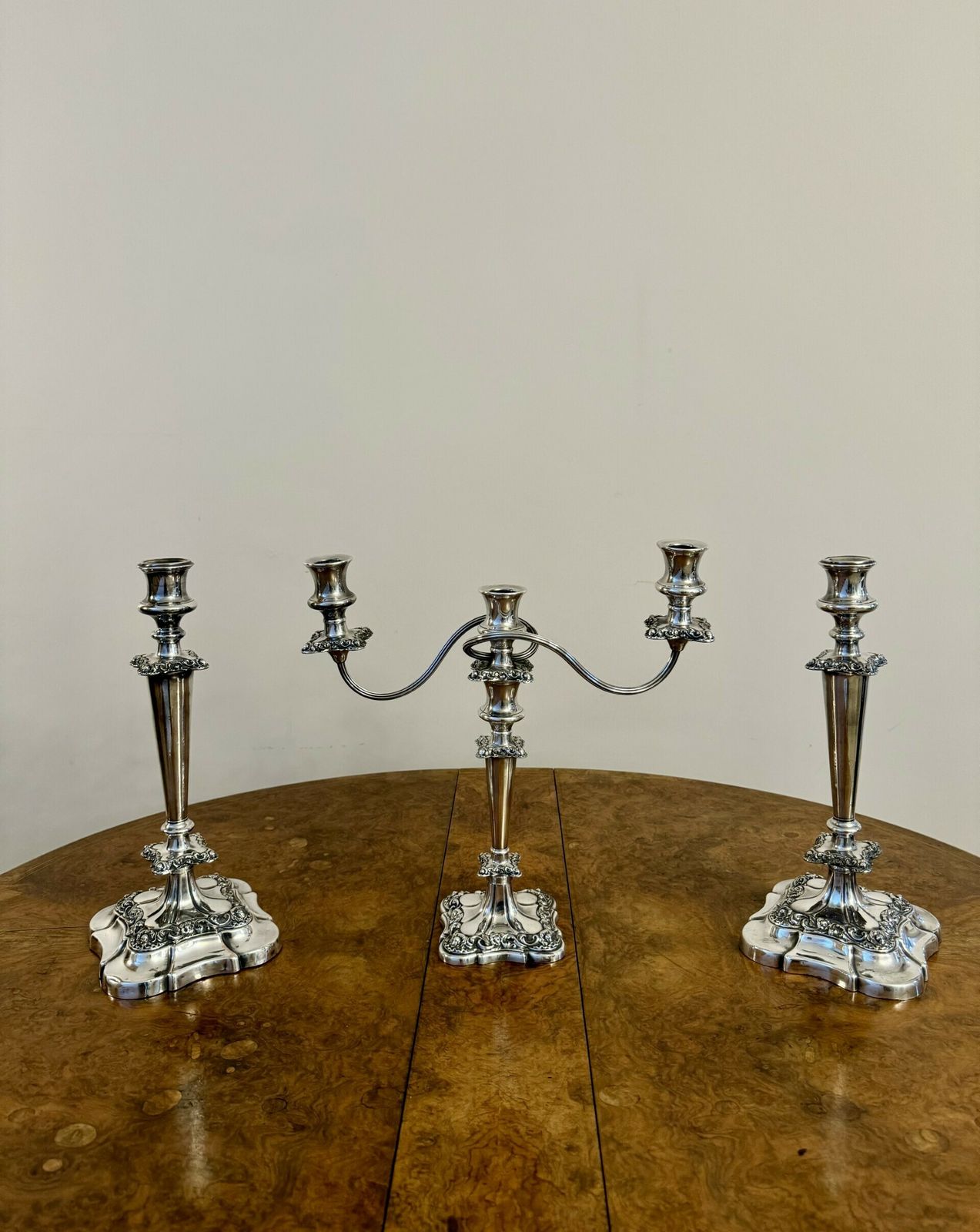 Outstanding Quality Antique Ornate Silver Plated Candelabra And Candlestick Set photo buy