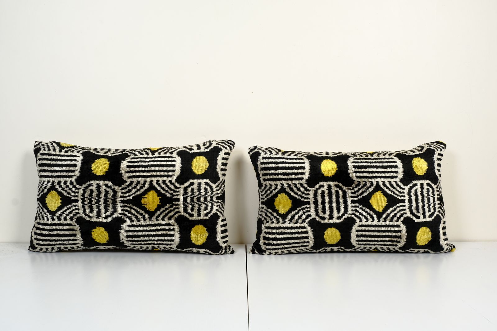 Set Of Two Silk Ikat Velvet Pillow Cover, Lumbar Ethnic Cushion Cover, Oblong Uzbek Velvet Boho Pillow 16" X 24"