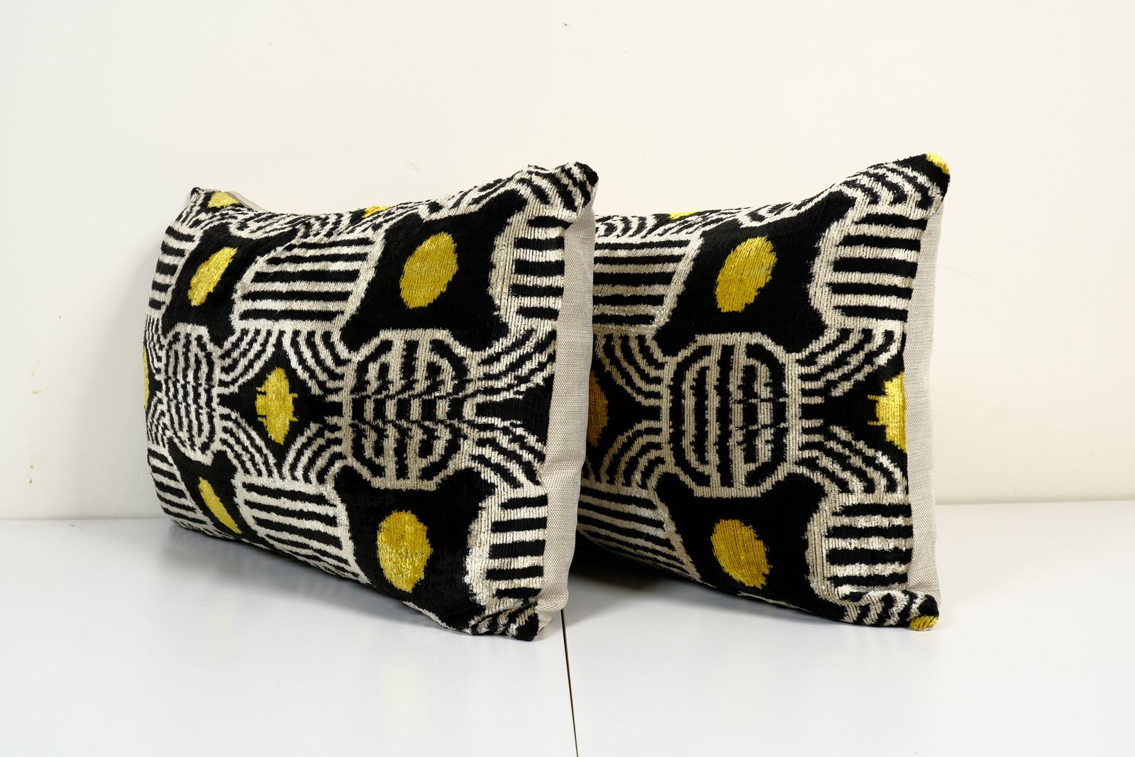 Set Of Two Silk Ikat Velvet Pillow Cover, Lumbar Ethnic Cushion Cover, Oblong Uzbek Velvet Boho Pillow 16" X 24" photo for sale
