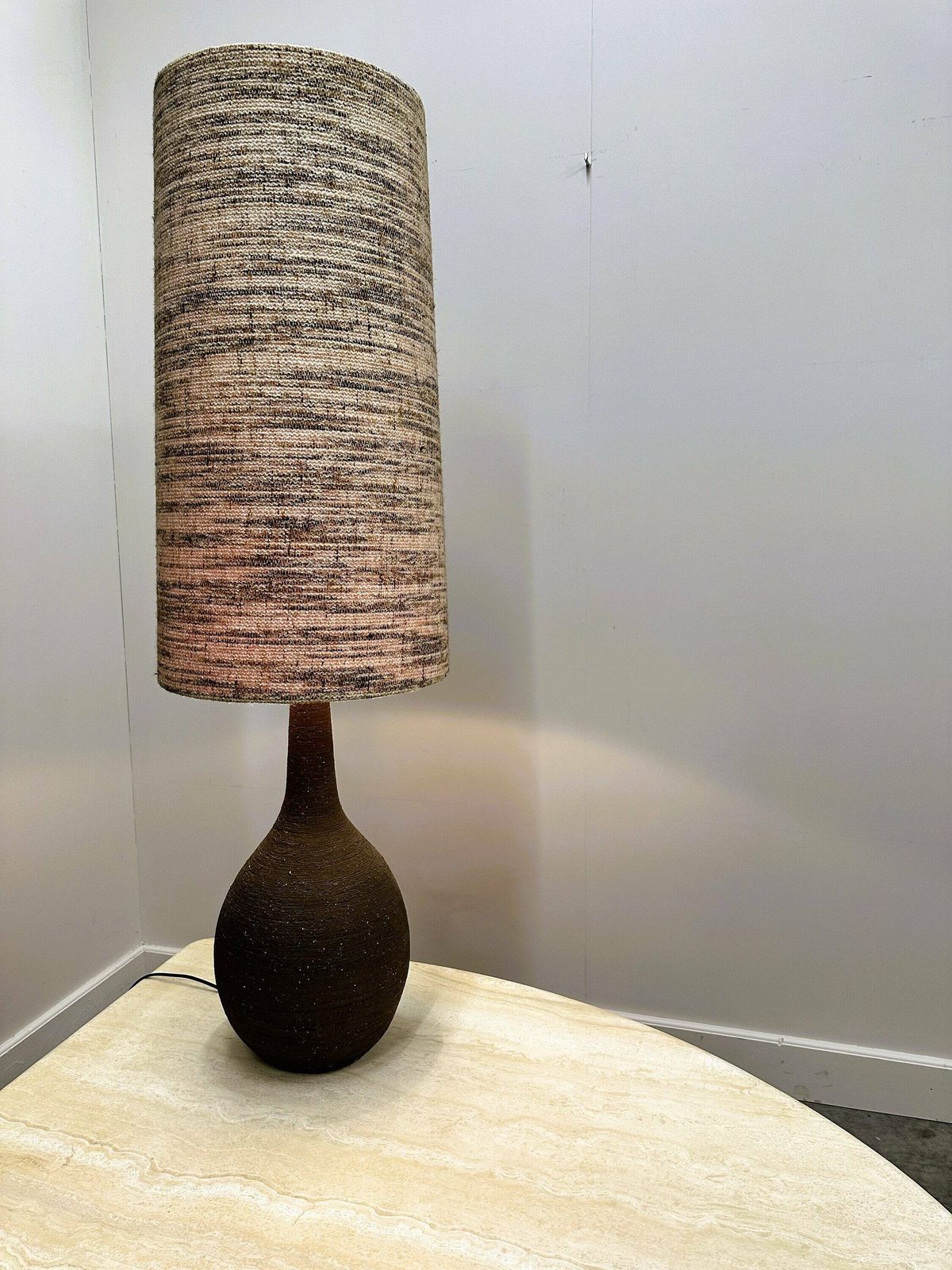 Vintage Xl Ceramic Floor Lamp With Textured Wool Shade, 1970s. France