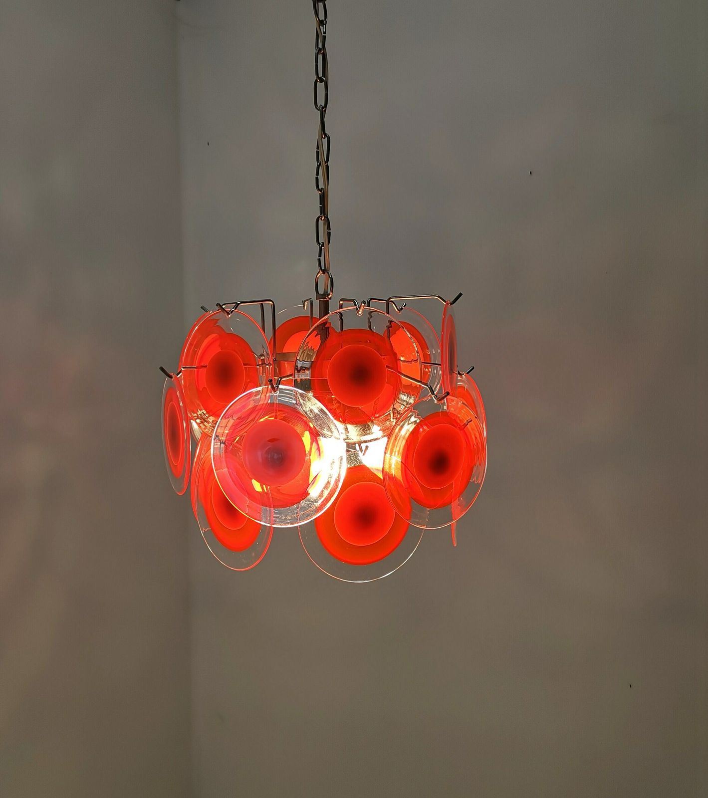 Vintage Chandelier With 18 Murano Glass Discs / 60s Italy / Gino Vistosi Style Space Age Murano Pendant Light photo for sale