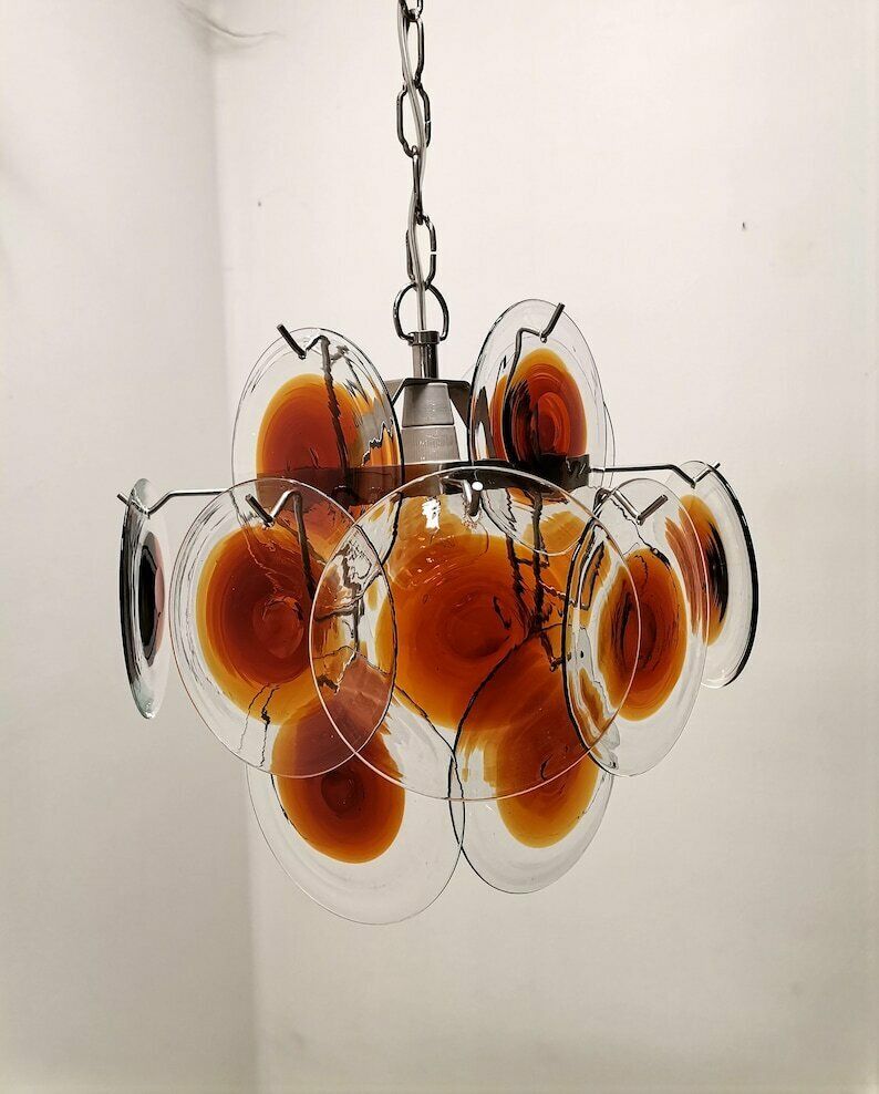 Vintage Murano Disc Chandelier With 16 Glass Discs / Gino Vistosi For Mazzega / Space Age / 1960s Italy / Mid Century Modern