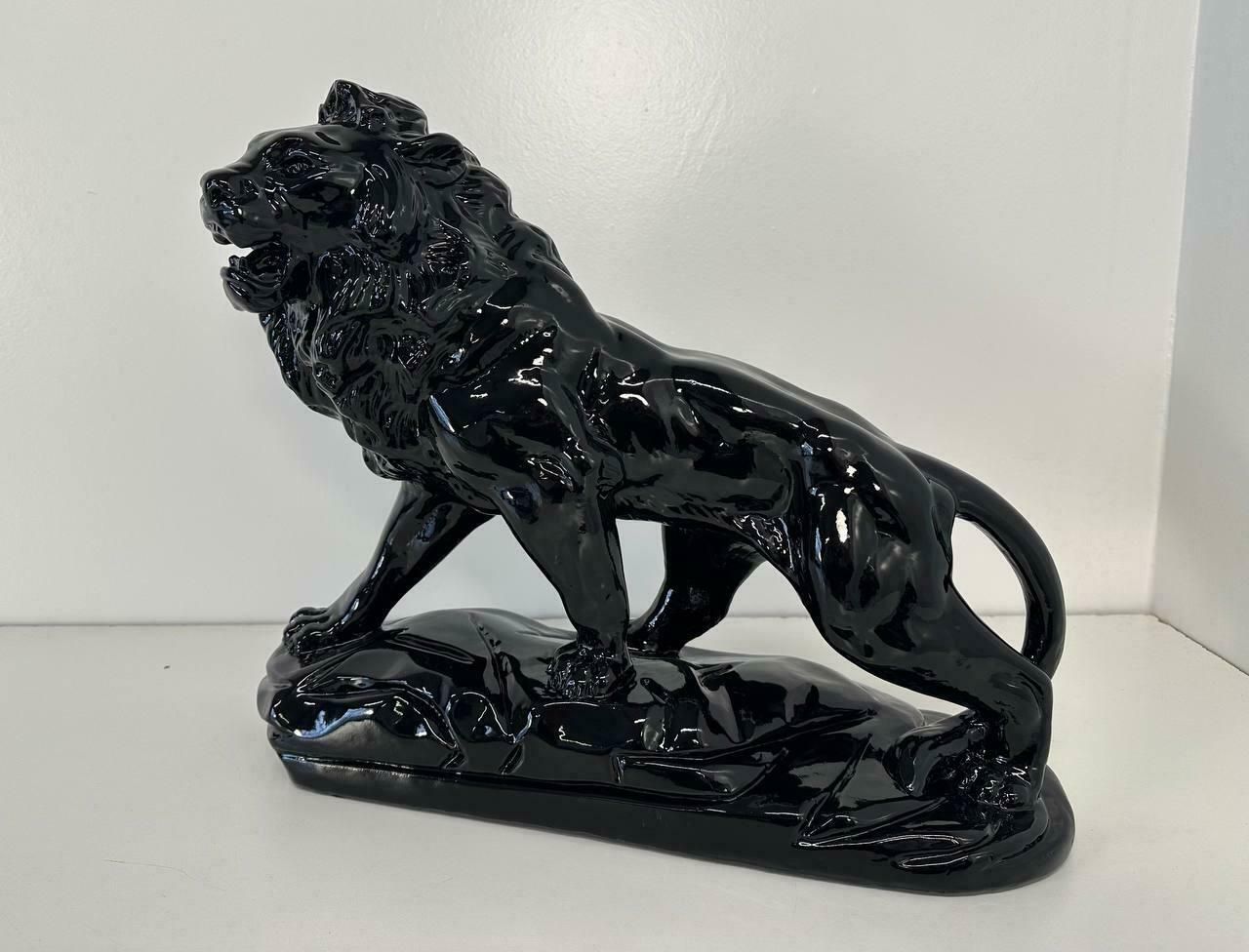 photo for sale Italian Art Deco Fired Clay Black Polished Lion, 1930s