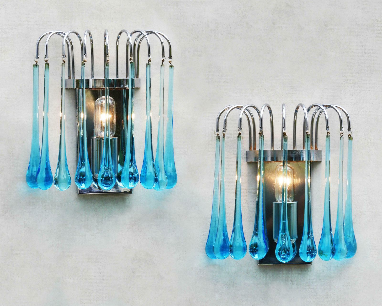 Pair Of Waterfall Venini Style Wall Light Sconces Blue Murano Glass & Chrome 70s photo furniture