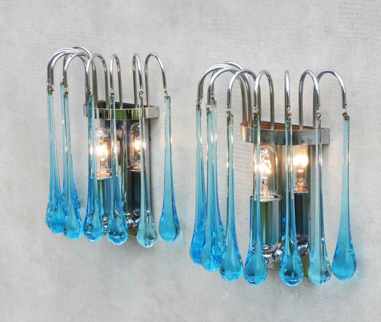 Pair Of Waterfall Venini Style Wall Light Sconces Blue Murano Glass & Chrome 70s photo for sale