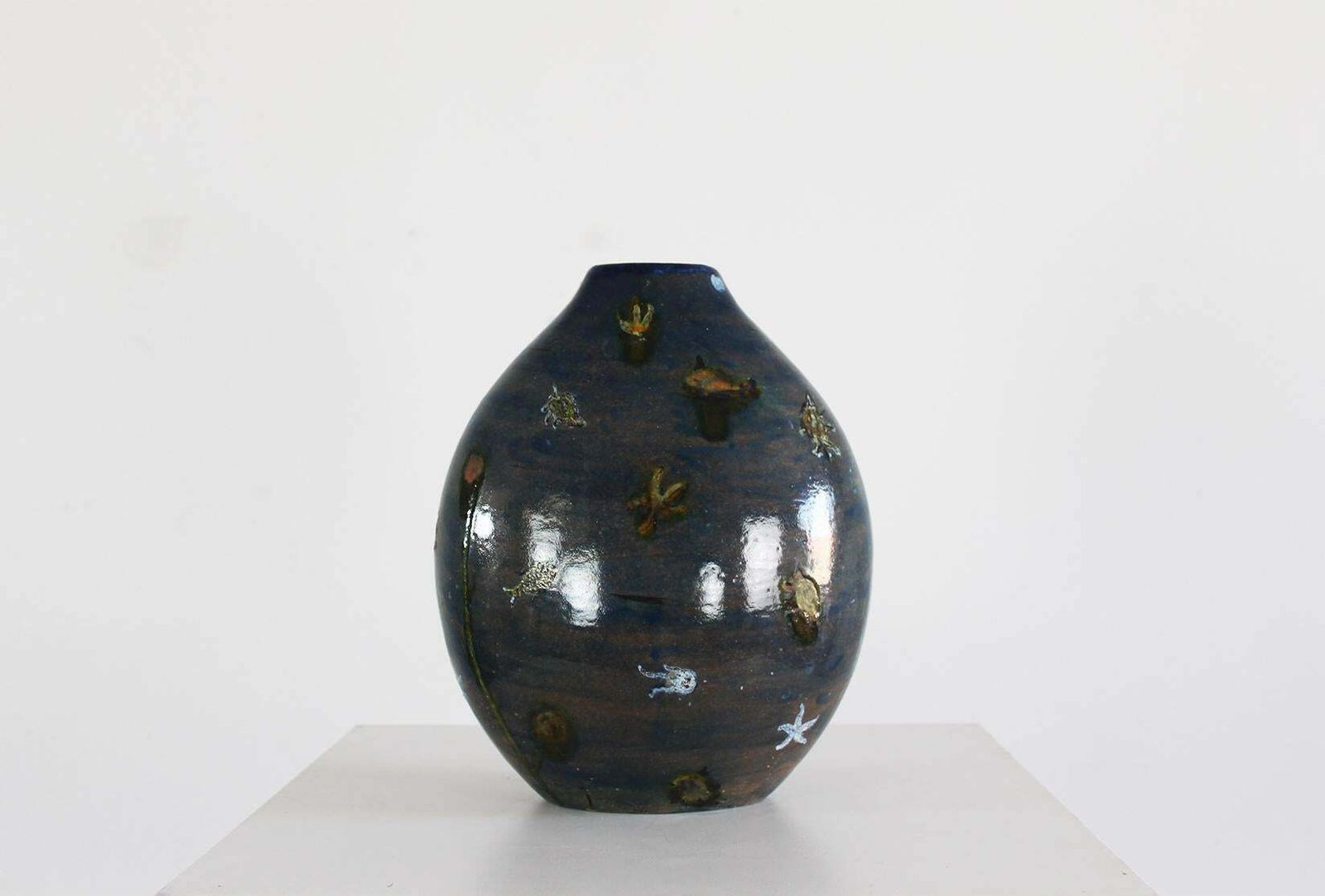 Angelo Ungania Vase In Blue Ceramic With Marine Decorations 1940s Italy photo Home Decor