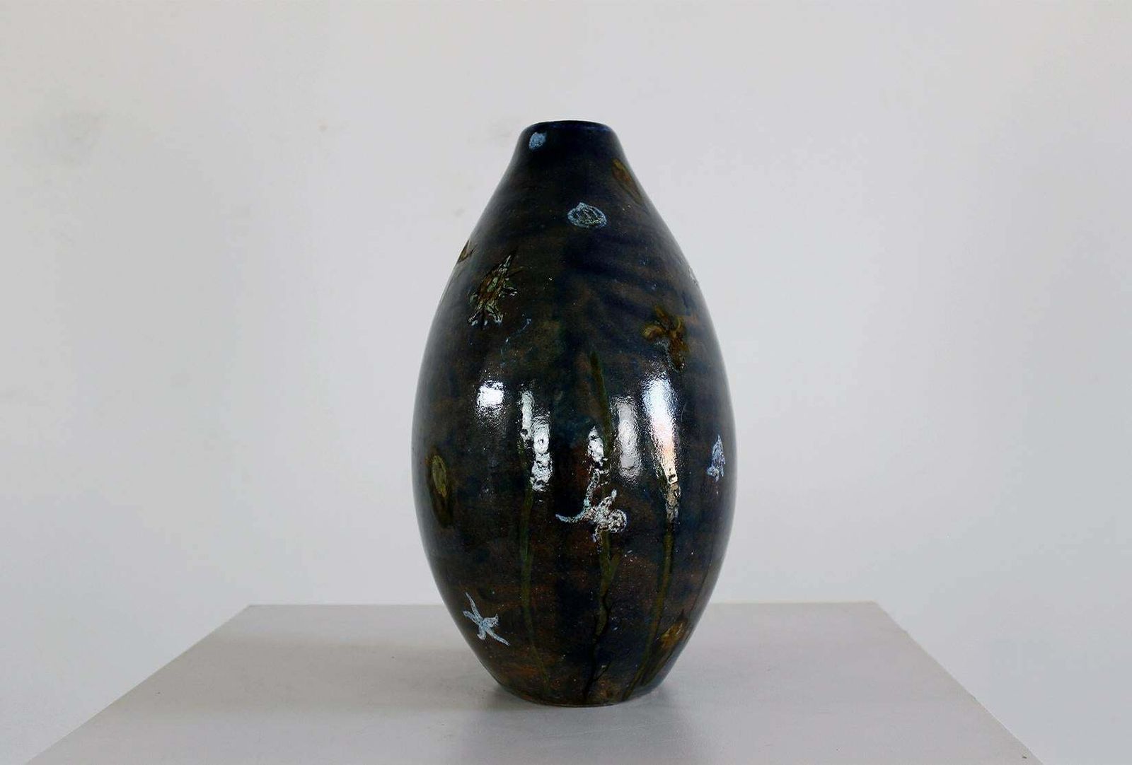 Angelo Ungania Vase In Blue Ceramic With Marine Decorations 1940s Italy photo buy