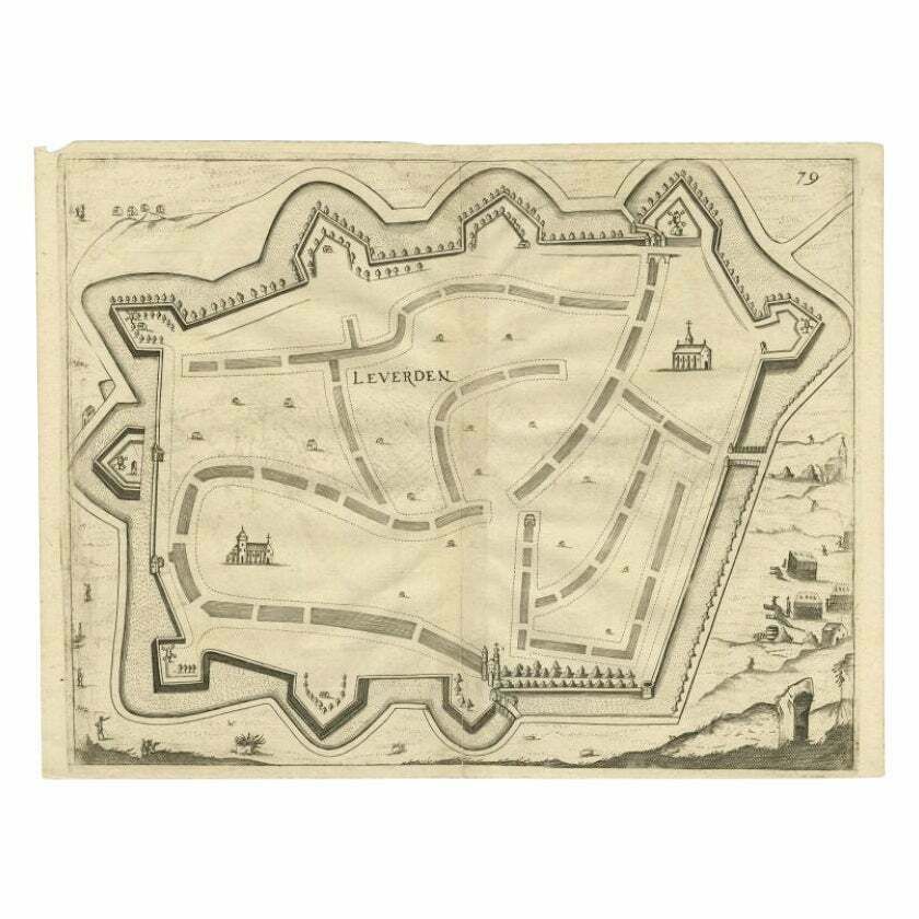 Antique Map Of The City Of Leeuwarden By Priorato, 1673 photo furniture