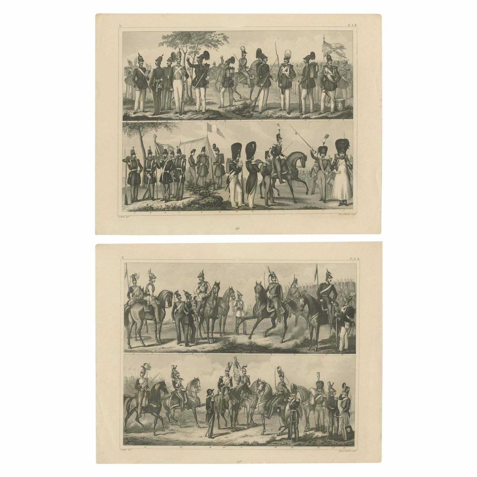 Set Of 2 Antique Prints Of Various Soldiers By Heck '1849'