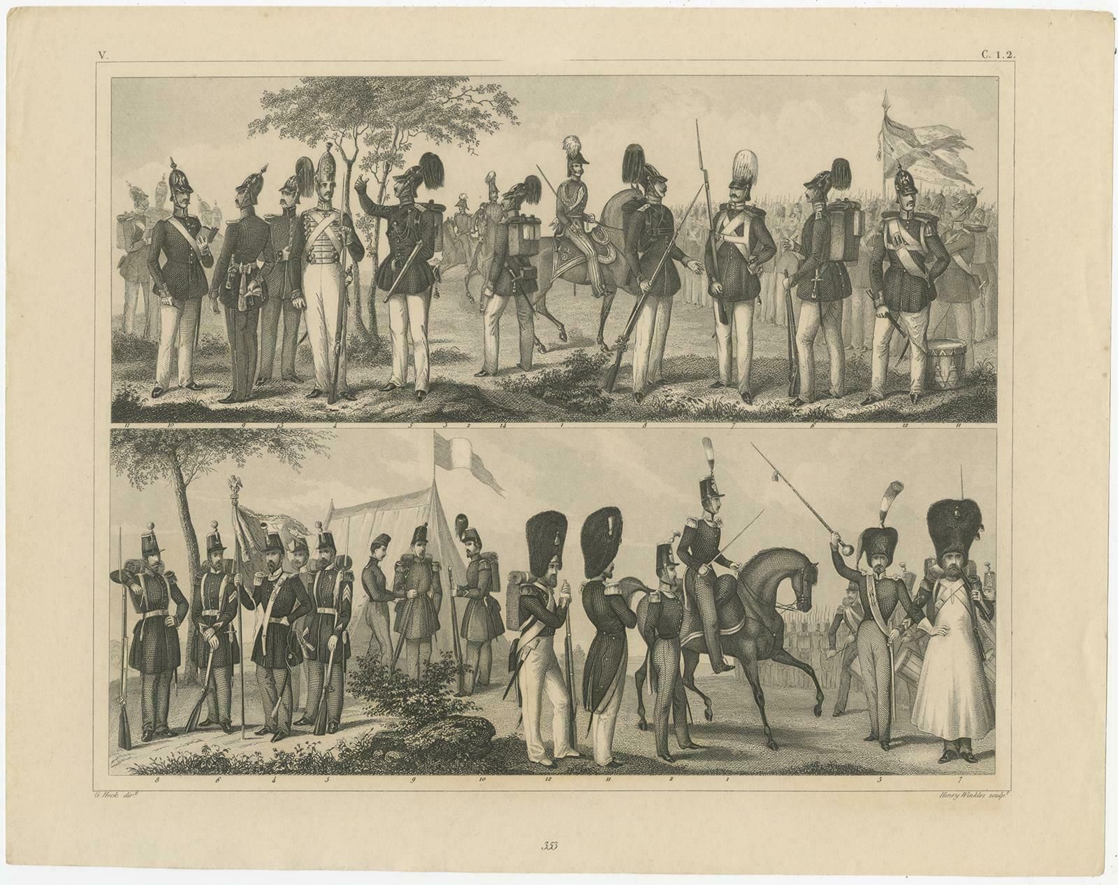 Set Of 2 Antique Prints Of Various Soldiers By Heck '1849' photo for sale
