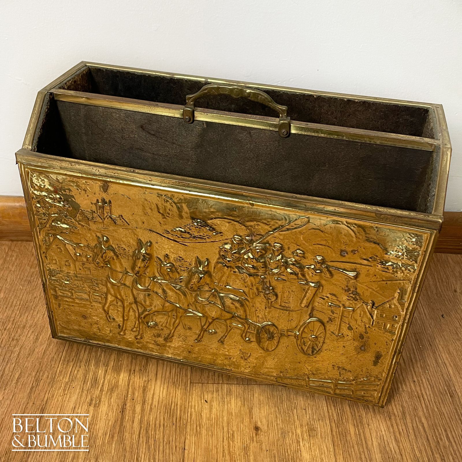 Mid Century Brass On Wood Magazine Holder With Coach & Horses Embossed photo vintage