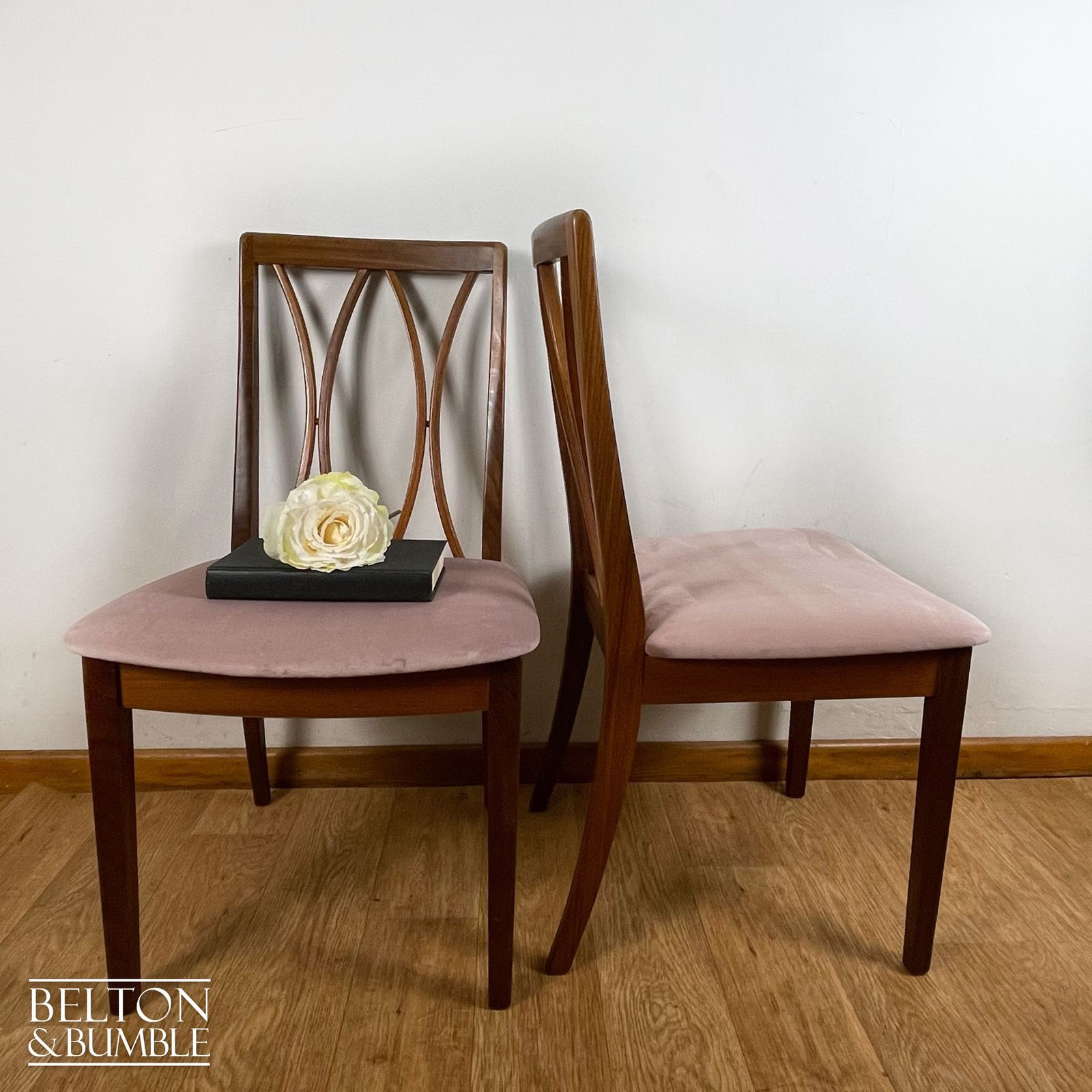 Set Of Four Modern G Plan Curve Back Teak & Afrormosia Dining Chairs By E. Gomme With Dusky Pink Velvet, 1970’s photo Furniture