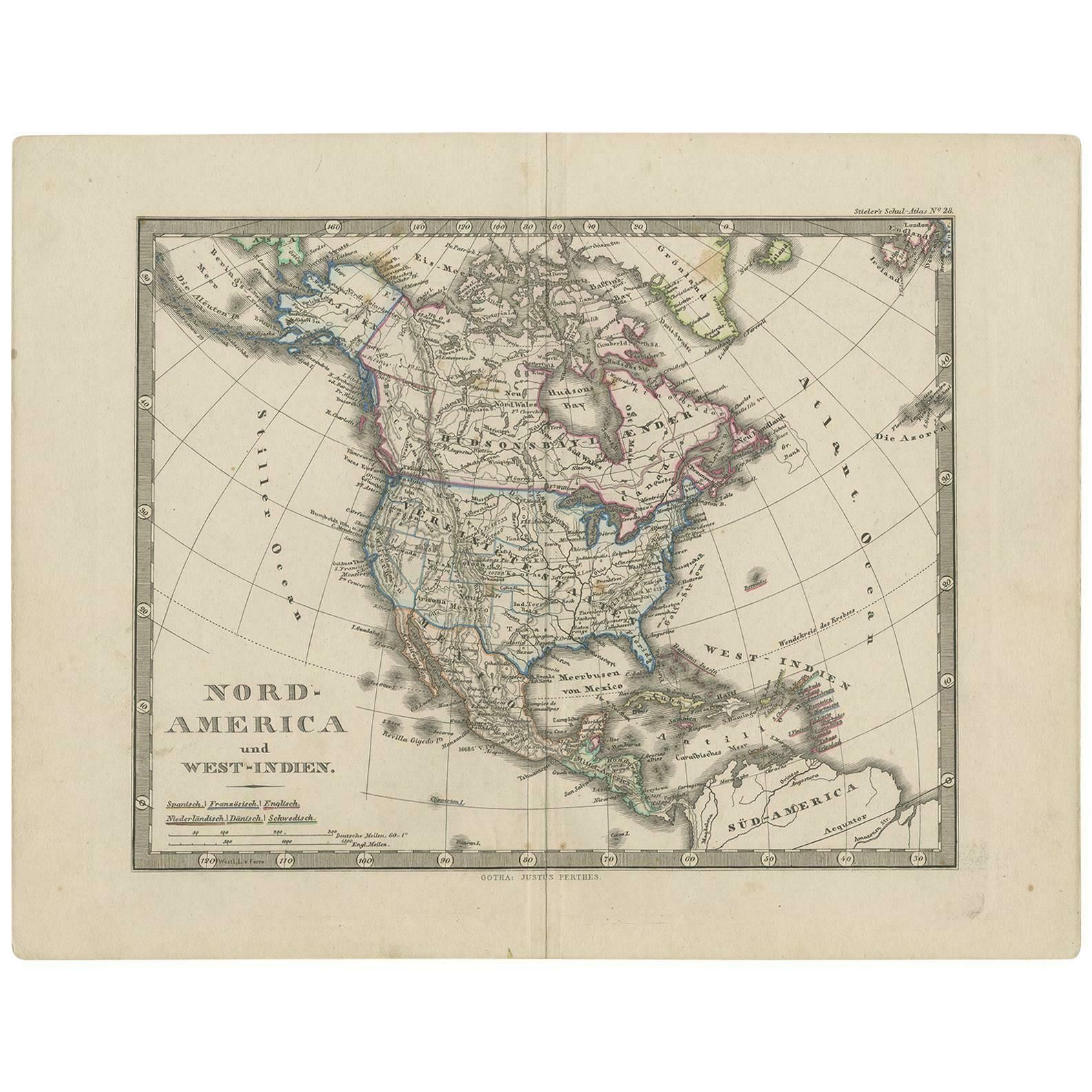 Antique Map Of North America And The West Indies By Stieler, Circa 1865