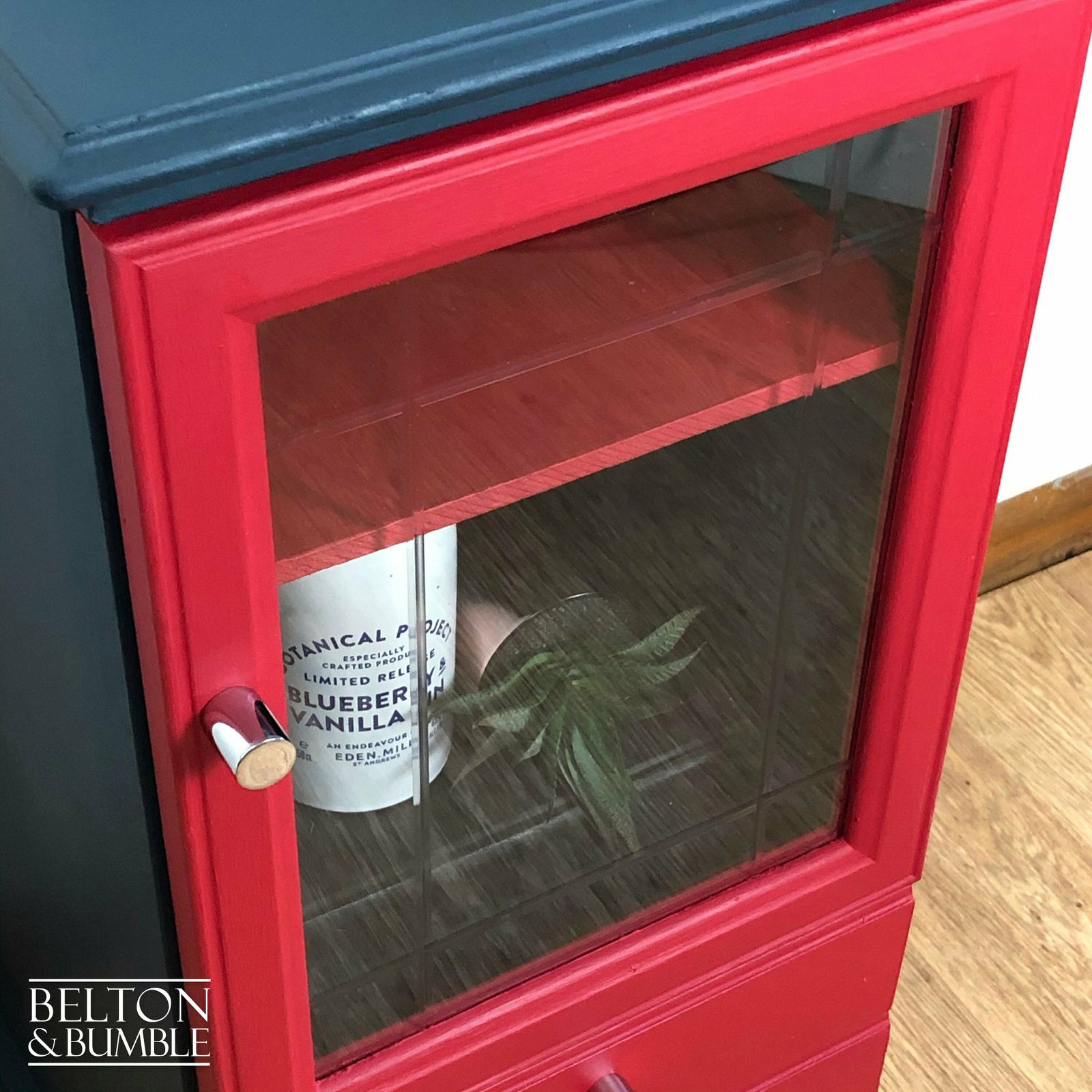 Petite Drinks Cabinet With Glass Door In Blue And Red photo furniture