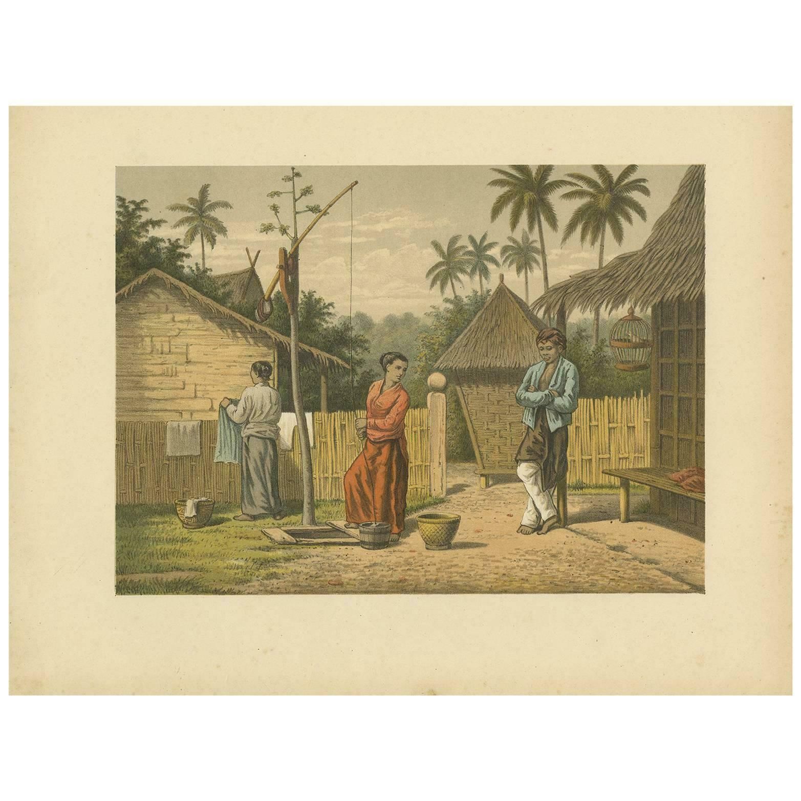 Antique Print Of A Domestic Scene On Java By M.T.H. Perelaer, 1888 £104.96