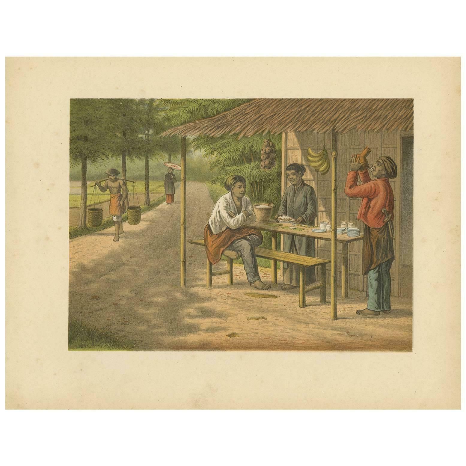 Antique Print Of A Warung With Native People By M.T.H. Perelaer, 1888