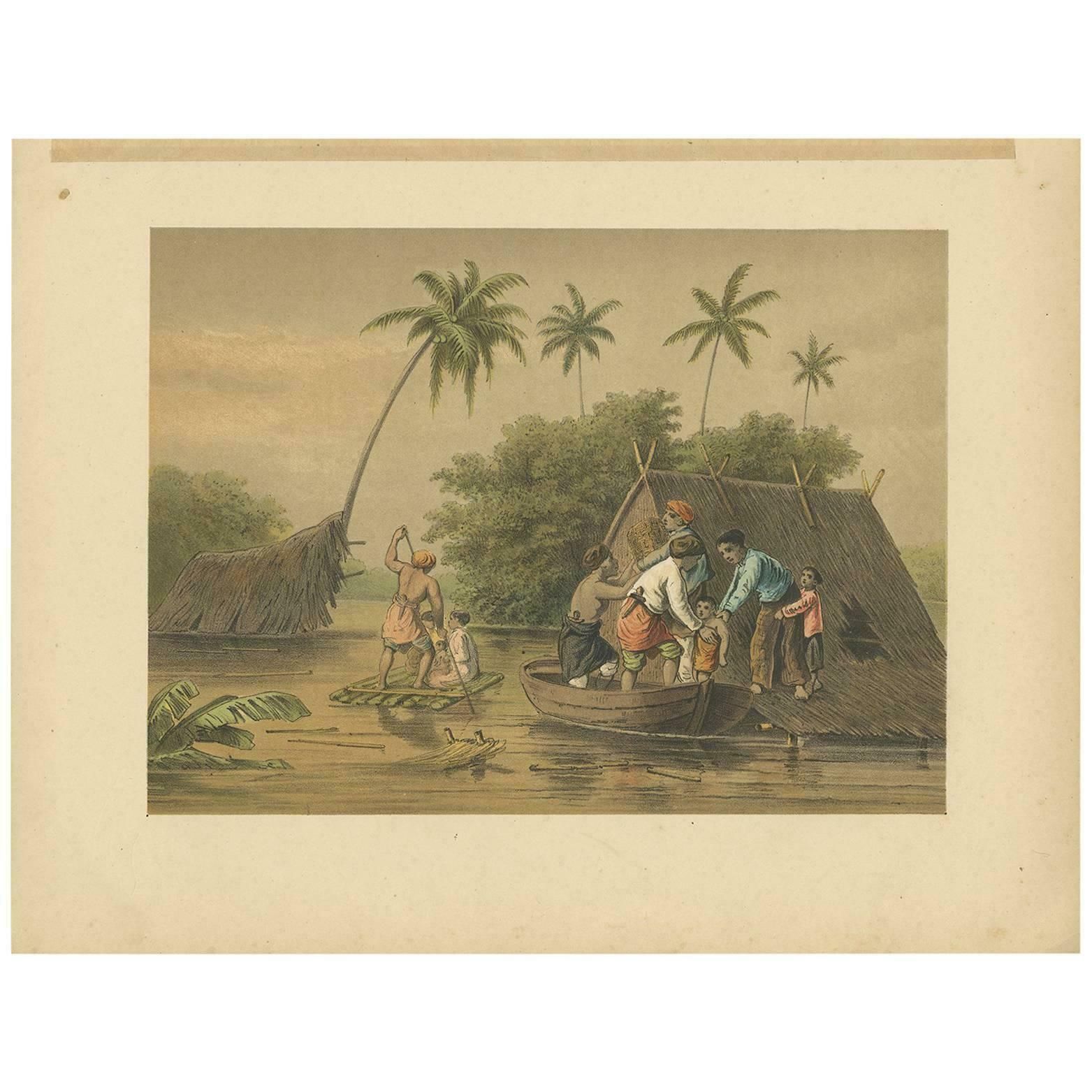 Antique Print Of A Flooding Near Tegal By M.T.H. Perelaer, 1888