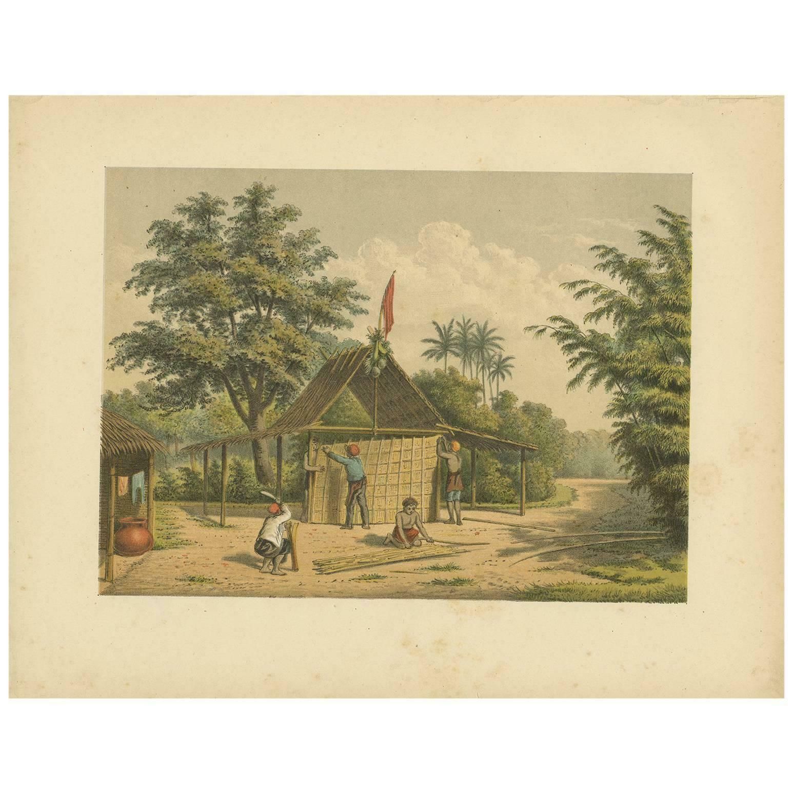 Antique Print Of Kampong Djambattan 'Java' By M.T.H. Perelaer, 1888