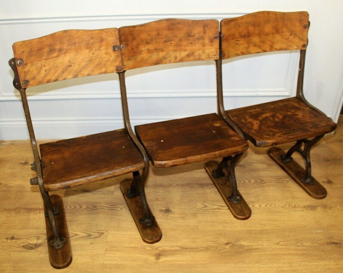 Vintage Three Seater Folding Theatre Cinema Chairs Antique Industrial Retro Hall Hallway Opera Stacking Art Deco photo for sale