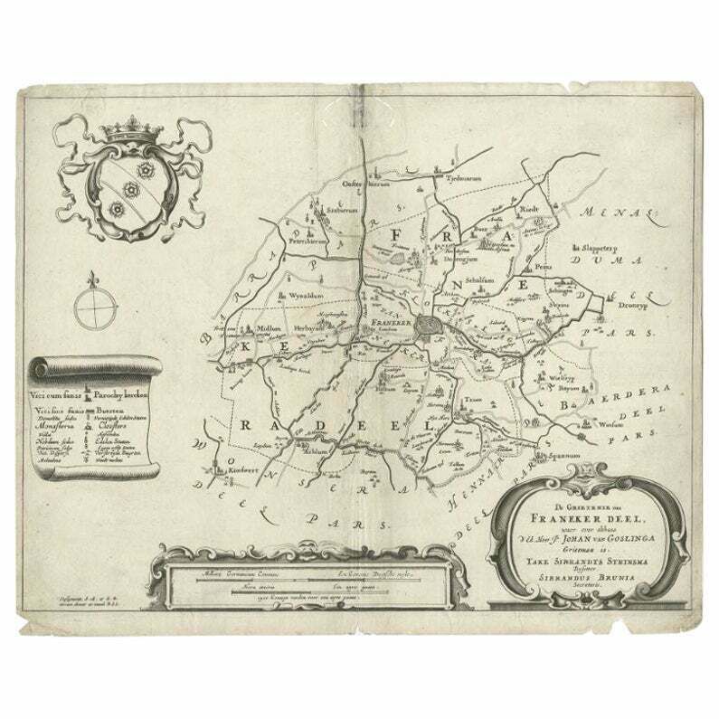 Rare Antique Map Of The Region Of Franekeradeel, The Netherlands 1664