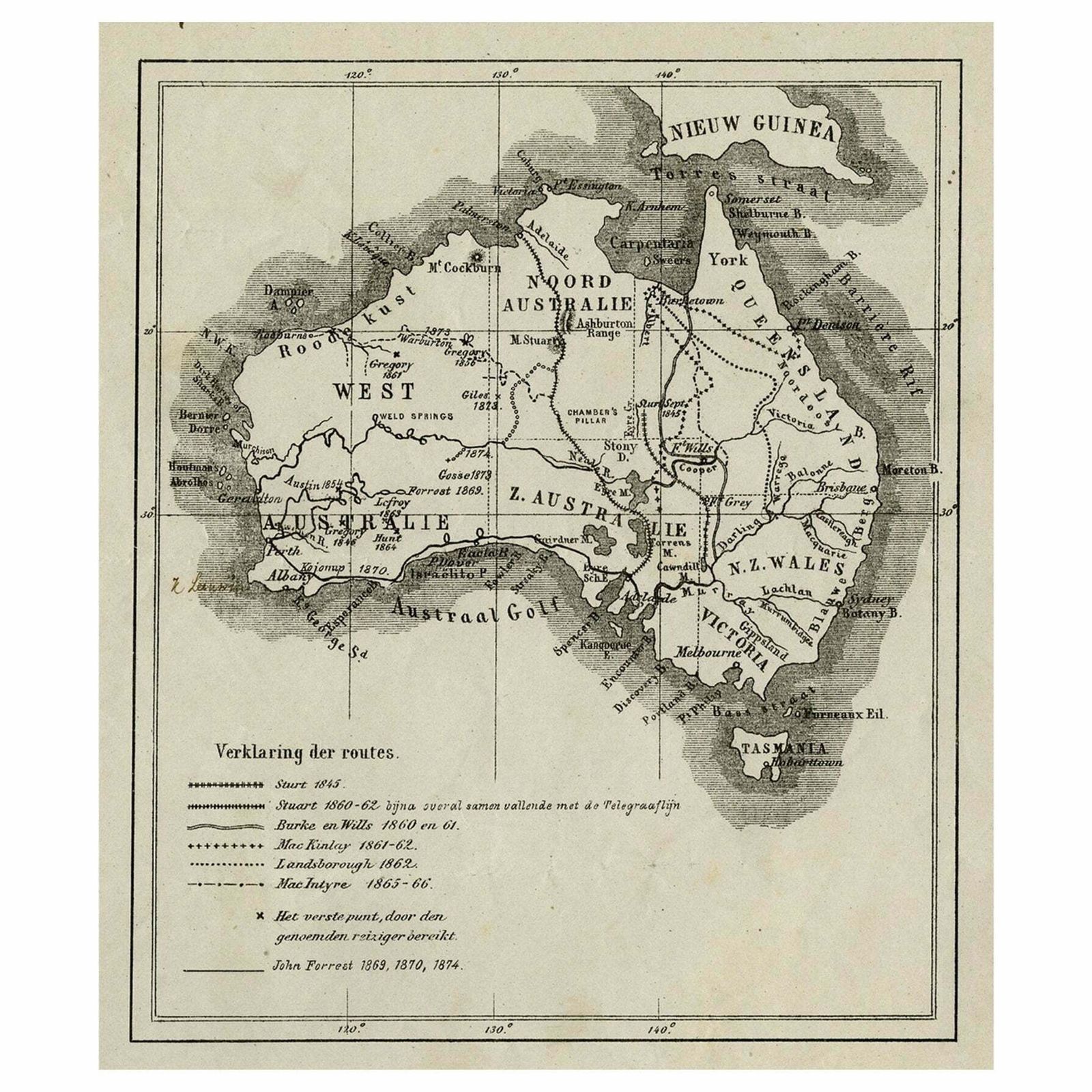 Old Map Of Australia Showing The Routes Of The Main Explorers, Ca.1900