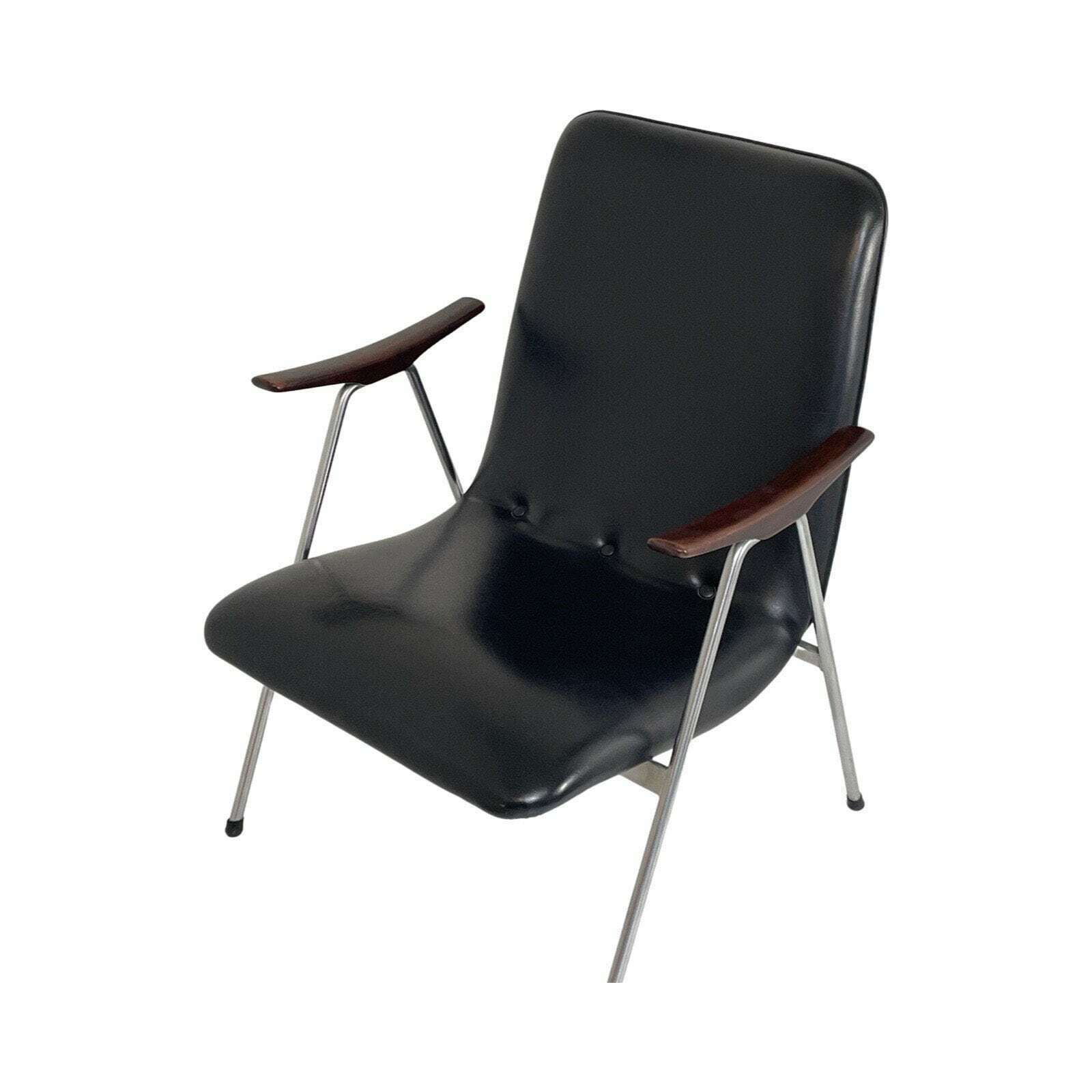Lounge Chair   Dutch, Ca. 1960's   Black Leatherette, Wooden Armrests And A Metal Frame   Attr. To Teefelen photo for sale