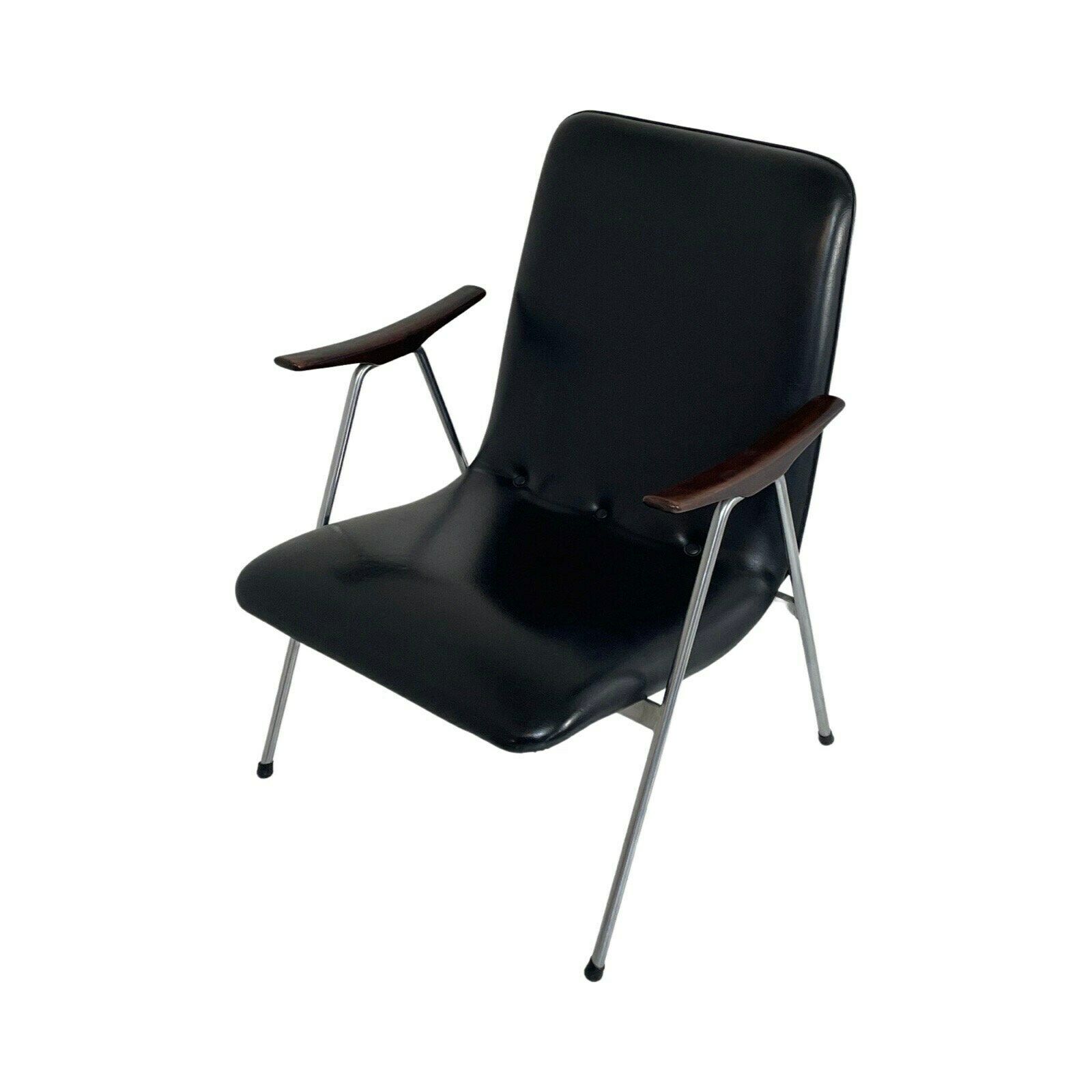 Lounge Chair   Dutch, Ca. 1960's   Black Leatherette, Wooden Armrests And A Metal Frame   Attr. To Teefelen photo vintage