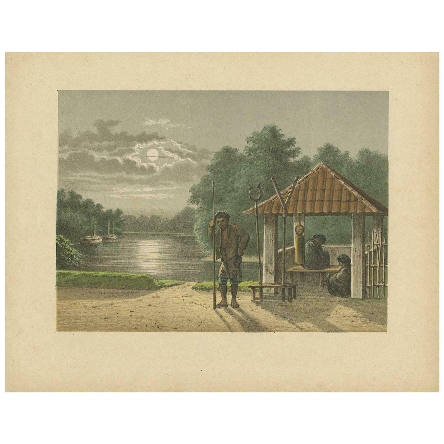 Antique Print Of A Kampong Guard In Batavia By M.T.H. Perelaer, 1888